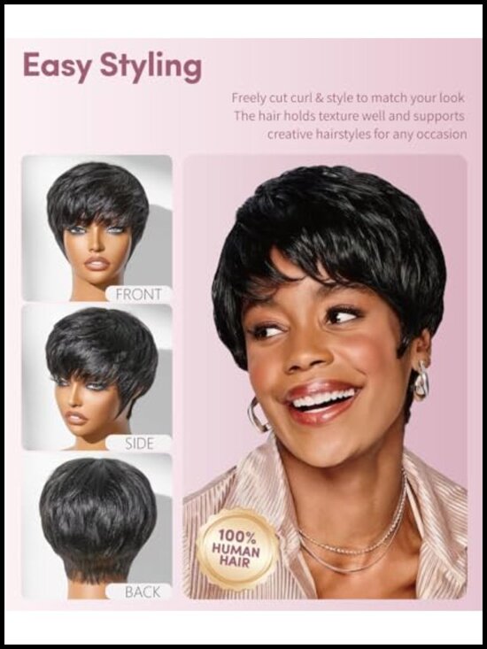 100 Percent Human Hair Pixie Cut Wig Glueless Wear and Go Short Pixie Wigs for